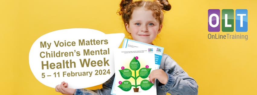 images shows cute young girl holding up a sign promoting children's mental health week 
