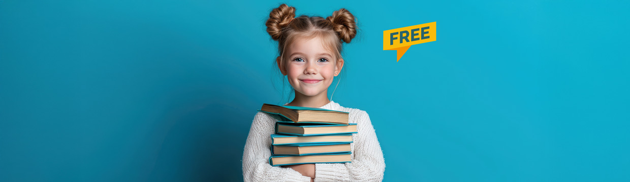A smiling young girl with a free sign next to her
