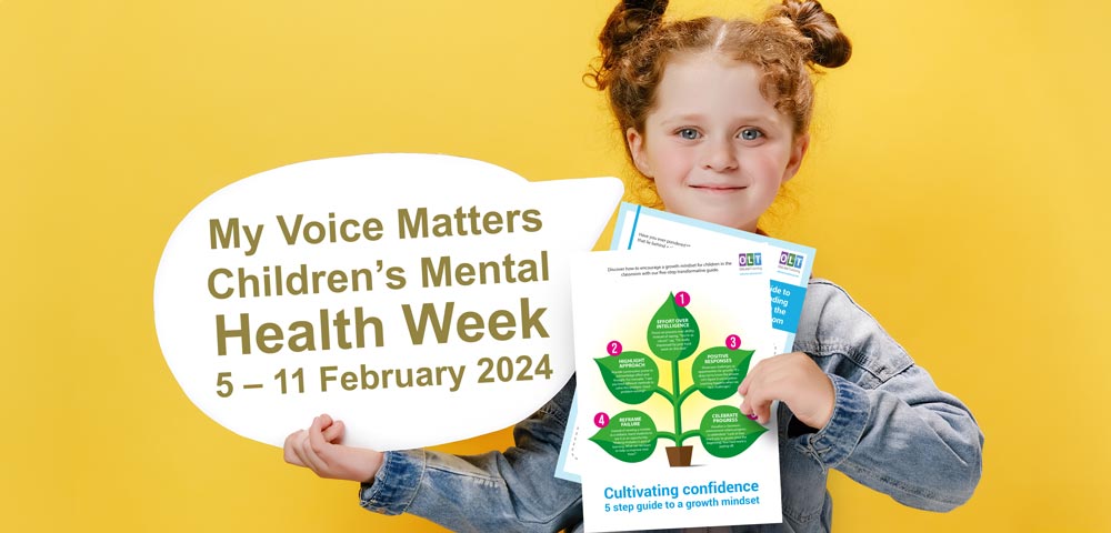 little girl holding speech bubble for childrens mental health week 